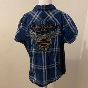 Harley Davidson Women's 115th Anniversary Top Size 1W Blue Plaid Snap Front